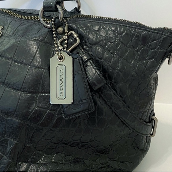 COACH BLACK CROC PRINT LEATHER ZIP CLOSURE TOP HANDLE SILVER BUCKLE PURSE BAG - Picture 9 of 12